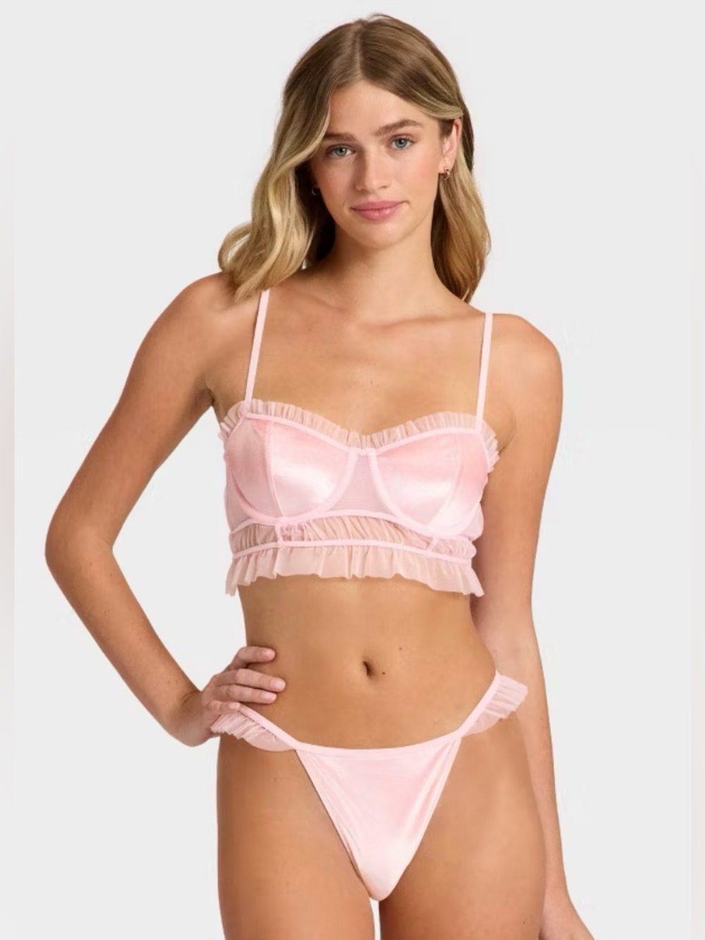 Large Auden Velvet & Mesh Pleated Ruffle Bralette & Bikini Set - Light Pink
